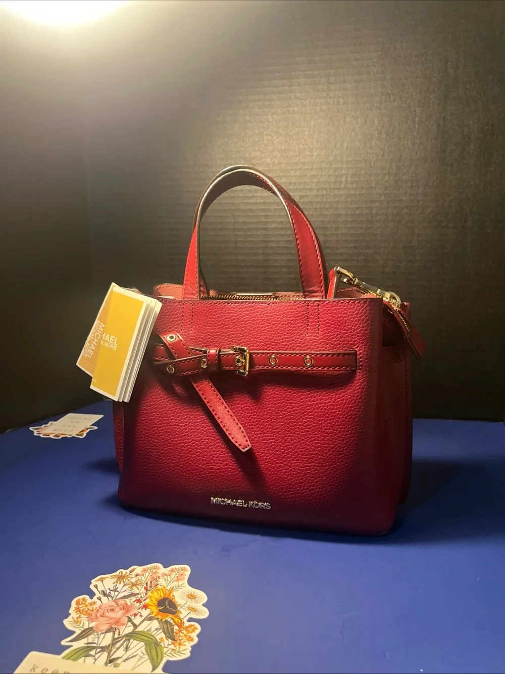 Michael Kors Red Leather Mini Satchel with Belt Accent
